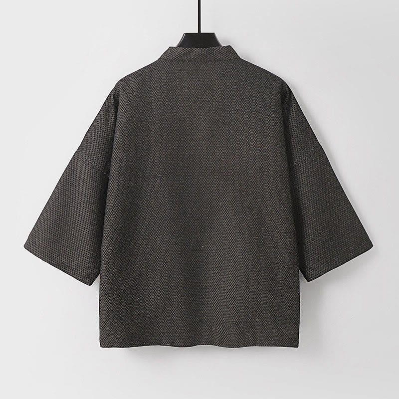 Buddha Stones Jesienne, swobodne, minimalistyczne, męskie kimono ze ściągaczem z solidnej bawełny i lnu z kieszeniami - image 2