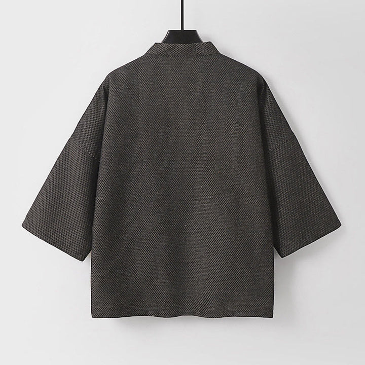 Buddha Stones Jesienne, swobodne, minimalistyczne, męskie kimono ze ściągaczem z solidnej bawełny i lnu z kieszeniami - image 2