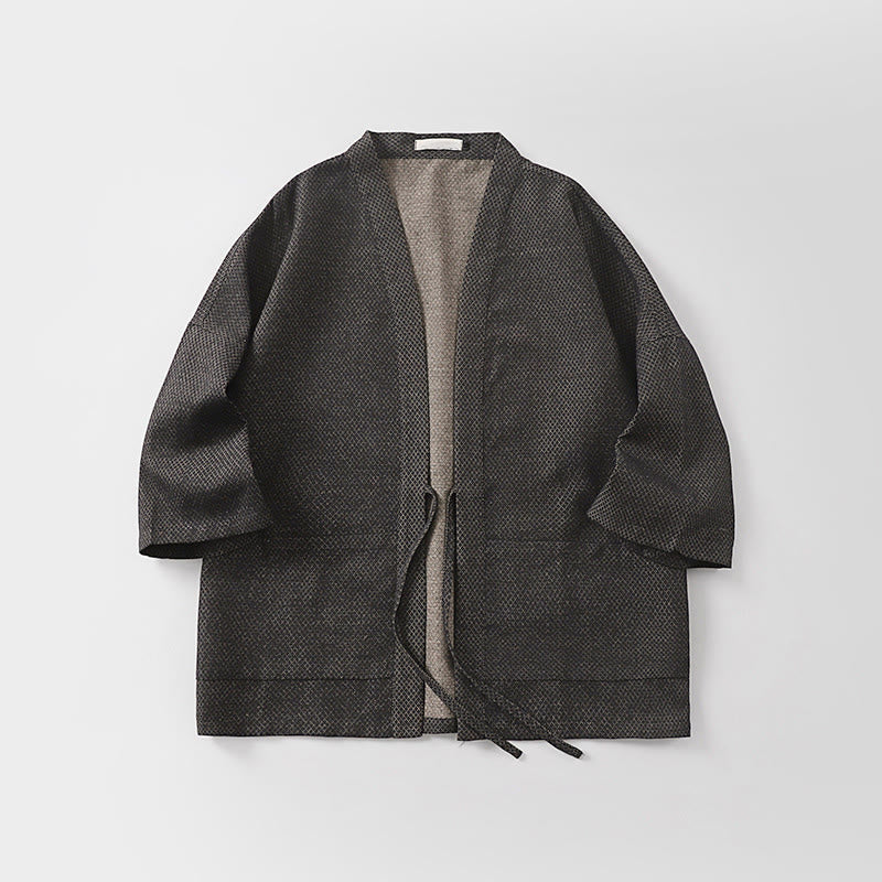 Buddha Stones Jesienne, swobodne, minimalistyczne, męskie kimono ze ściągaczem z solidnej bawełny i lnu z kieszeniami - image 3