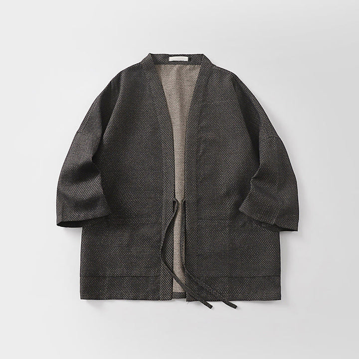 Buddha Stones Jesienne, swobodne, minimalistyczne, męskie kimono ze ściągaczem z solidnej bawełny i lnu z kieszeniami - image 3