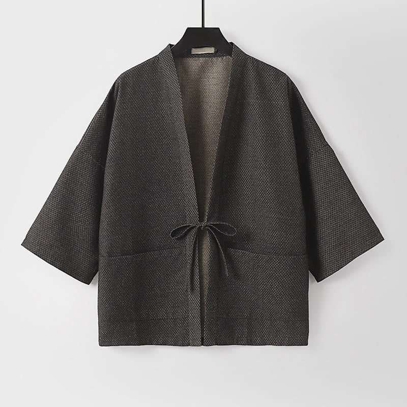 Buddha Stones Jesienne, swobodne, minimalistyczne, męskie kimono ze ściągaczem z solidnej bawełny i lnu z kieszeniami - image 1