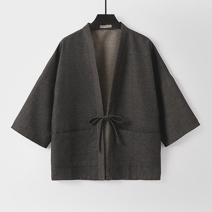 Buddha Stones Jesienne, swobodne, minimalistyczne, męskie kimono ze ściągaczem z solidnej bawełny i lnu z kieszeniami - image 1