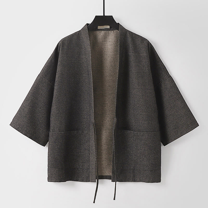 Buddha Stones Jesienne, swobodne, minimalistyczne, męskie kimono ze ściągaczem z solidnej bawełny i lnu z kieszeniami - DimGray - US/UK/AU54， EU64 (9XL) - image 0