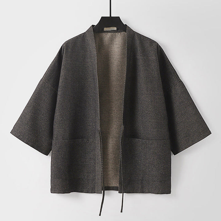 Buddha Stones Jesienne, swobodne, minimalistyczne, męskie kimono ze ściągaczem z solidnej bawełny i lnu z kieszeniami - DimGray - US/UK/AU54， EU64 (9XL) - image 0