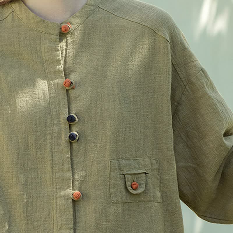 Buddha Stones Koszule damskie z długim rękawem w stylu jesiennym i vintage z żabą i guzikami z solidnej ramii - image 4