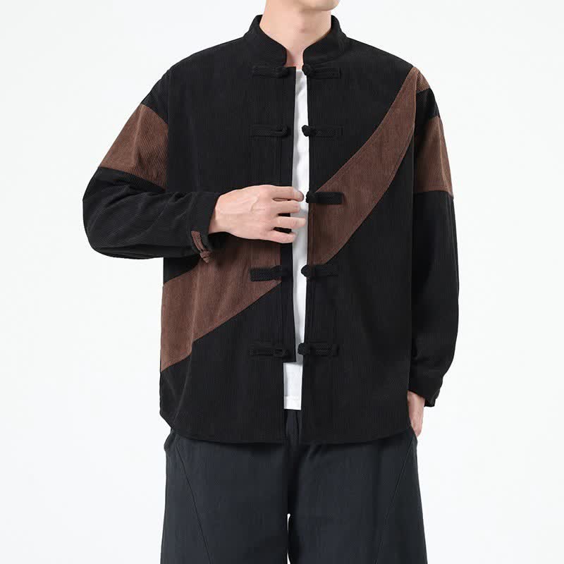 Buddha Stones Kurtka męska sztruksowa na jesień i zimę w stylu Tang, z guzikami w kształcie żaby, w geometrycznym stylu - SaddleBrown - US/UK/AU46， EU56 (5XL) - image 0