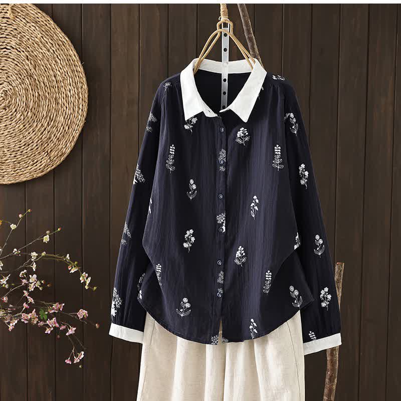 Buddha Stones Koszule damskie z długim rękawem, wiosenno-jesienne, zapinane na guziki, w kwiaty, w stylu vintage - Marynarka wojenna - US12, UK/AU16, EU44 (3XL) - image 0