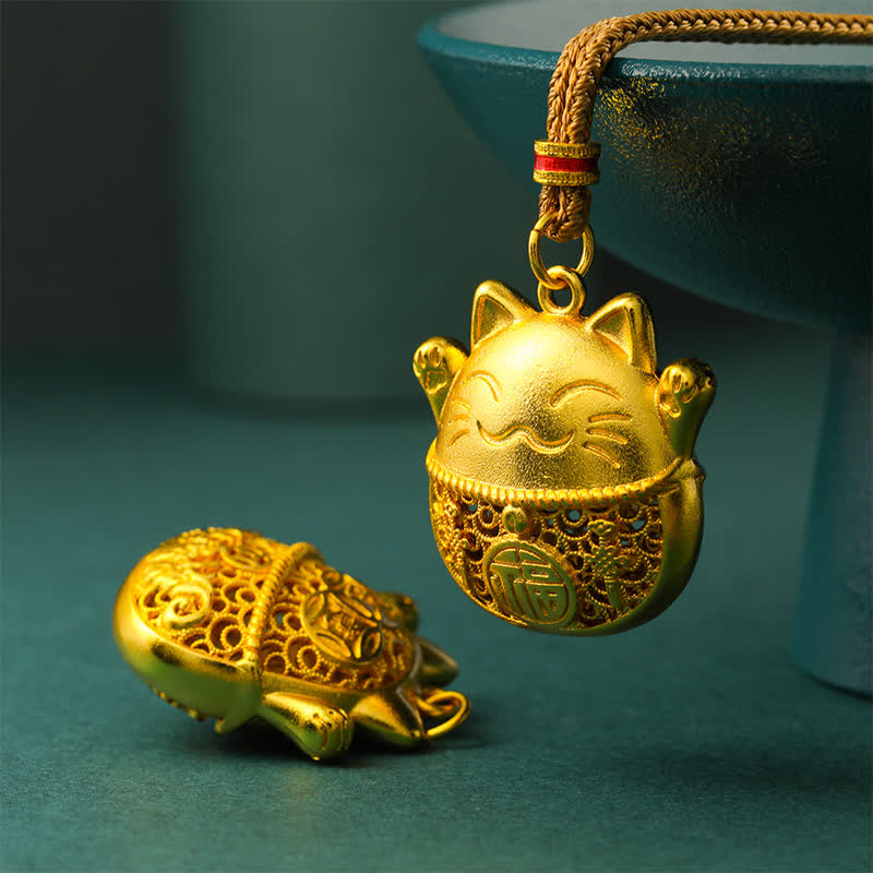Buddha Stones Naszyjnik z plecionej liny z pozłacanego mosiądzu z motywem kota Fu, który przynosi szczęście - image 4