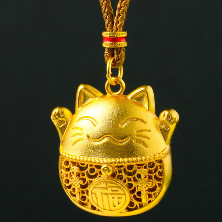 Buddha Stones Naszyjnik z plecionej liny z pozłacanego mosiądzu z motywem kota Fu, który przynosi szczęście - image 9