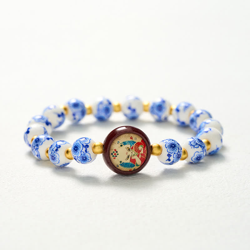 Buddha Stones Bransoletka z koralików mądrości lisa w kolorze niebiesko-białym z porcelany - image 10