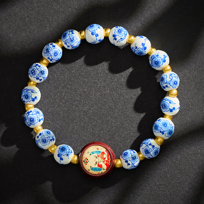 Buddha Stones Bransoletka z koralików mądrości lisa w kolorze niebiesko-białym z porcelany - image 3