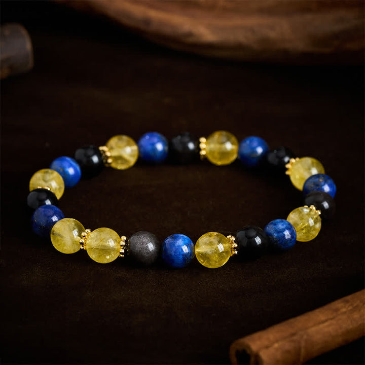 Buddha Stones Bransoletka Serenity z koralików obsydianu cytrynu i lapis lazuli w srebrnym połysku - image 2