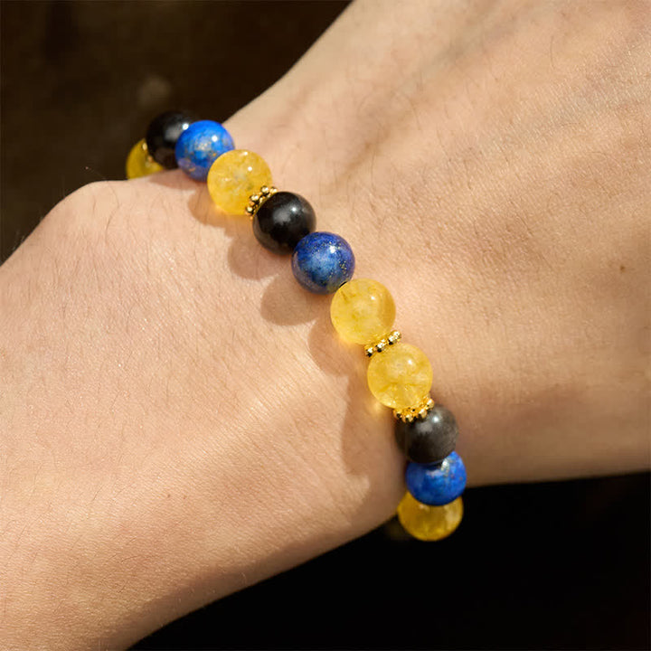 Buddha Stones Bransoletka Serenity z koralików obsydianu cytrynu i lapis lazuli w srebrnym połysku - image 4