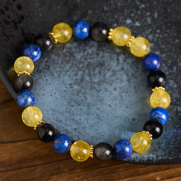 Buddha Stones Bransoletka Serenity z koralików obsydianu cytrynu i lapis lazuli w srebrnym połysku - image 3