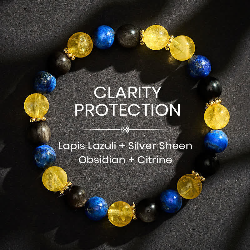 Buddha Stones Bransoletka Serenity z koralików obsydianu cytrynu i lapis lazuli w srebrnym połysku - 8 mm - image 0