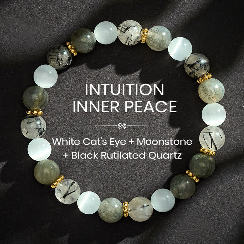 Buddha Stones Bransoletka z koralikami z białego kociego oka i czarnego rutylowego kwarcu - 8 mm - image 0