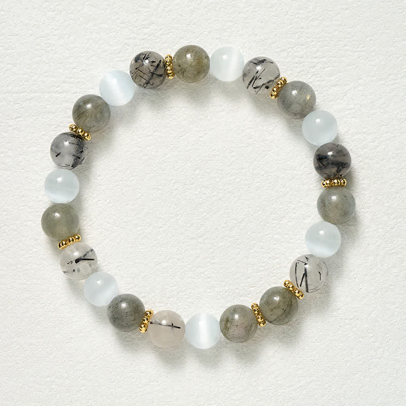 Buddha Stones Bransoletka z koralikami z białego kociego oka i czarnego rutylowego kwarcu - image 9