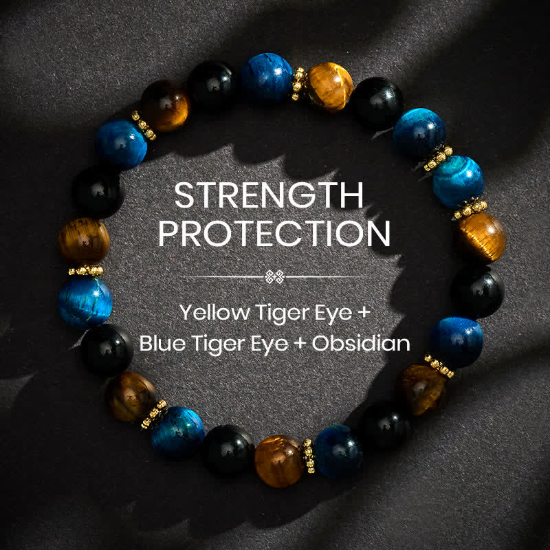 Buddha Stones Bransoletka z koralików Courage z tygrysiego oka, niebieskiego tygrysiego oka i czarnego obsydianu - 8 mm - image 0