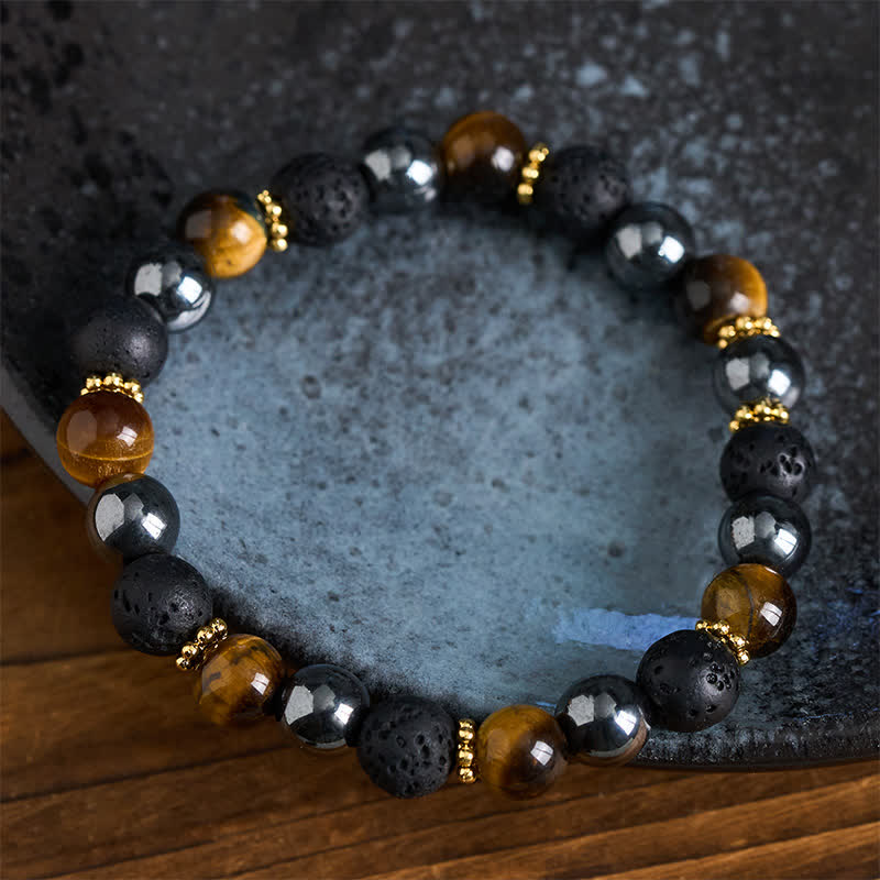 Buddha Stones Bransoletka wzmacniająca z koralików hematytu z lawy tygrysiego oka - image 3