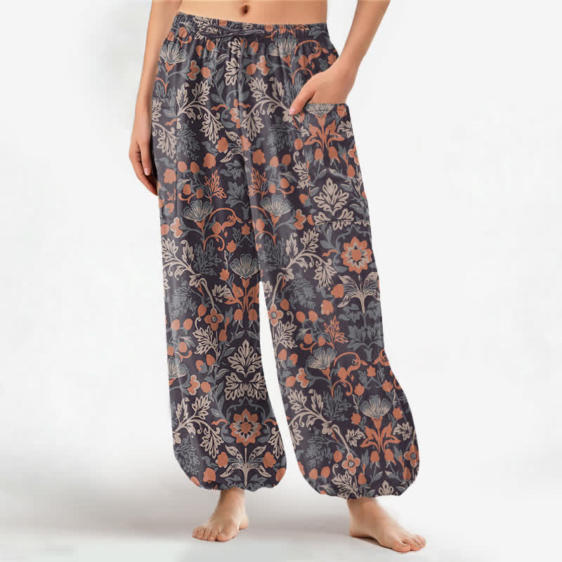 Buddha Stones Spodnie damskie typu harem z bawełny w stylu vintage z kwiatowym wzorem paisley i elastyczną talią i bocznymi kieszeniami - SaddleBrown - US16, UK/AU20, EU48 (3XL) - image 0