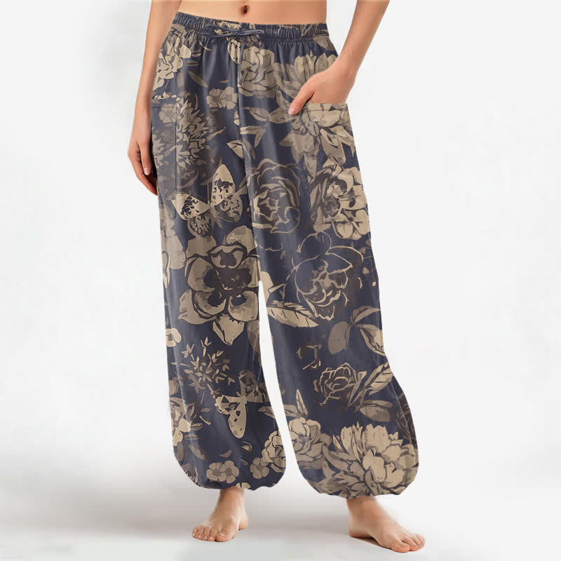 Buddha Stones Bawełniane spodnie damskie typu harem z elastycznym pasem i bocznymi kieszeniami, w kwiaty piwonii i chryzantemy - DarkSlateBlue - US16, UK/AU20, EU48 (3XL) - image 0