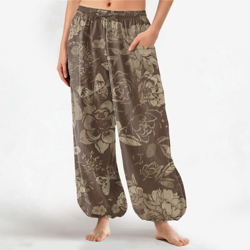Buddha Stones Bawełniane spodnie damskie typu harem z elastycznym pasem i bocznymi kieszeniami, w kwiaty piwonii i chryzantemy - Opalenizna - US16, UK/AU20, EU48 (3XL) - image 7