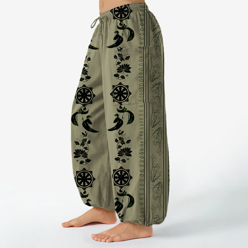 Buddha Stones Bawełniane spodnie haremki damskie w stylu boho z elastycznym pasem i kieszeniami bocznymi, z motywem koła Dharmy i motywem lotosu OM - image 11