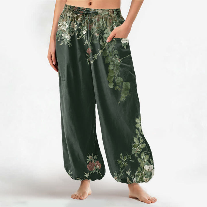 Buddha Stones Spodnie damskie typu harem z elastycznej talii z motywem winorośli w kolorze czerwonym i motywem piwonii z kieszeniami bocznymi - ForestGreen - US16, UK/AU20, EU48 (3XL) - image 11