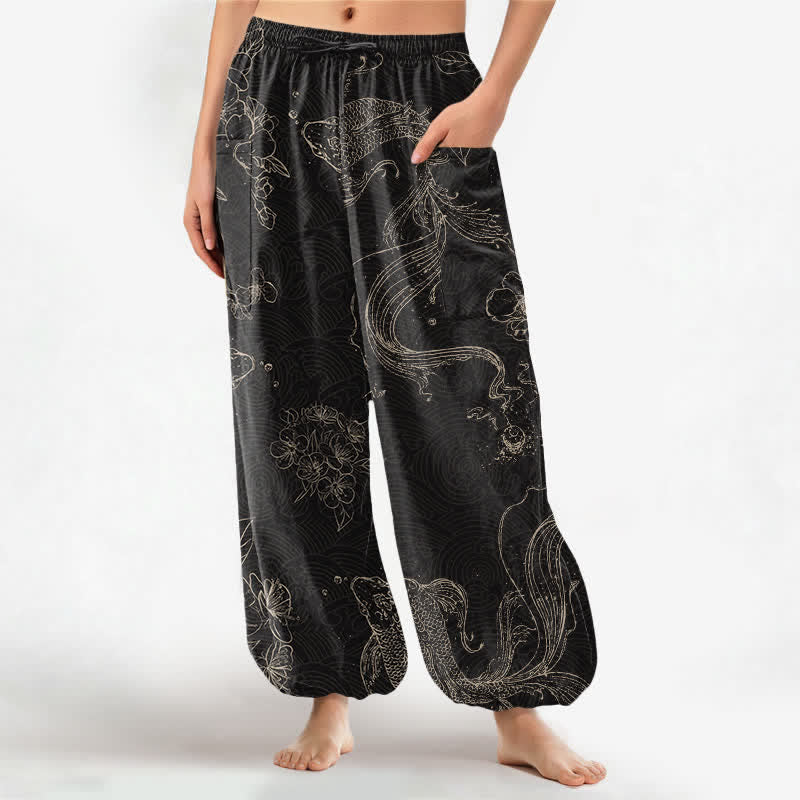 Buddha Stones Spodnie damskie typu harem z bawełny z motywem ryby koi w kwiaty, z elastyczną talią i bocznymi kieszeniami - Czarny - US16, UK/AU20, EU48 (3XL) - image 0