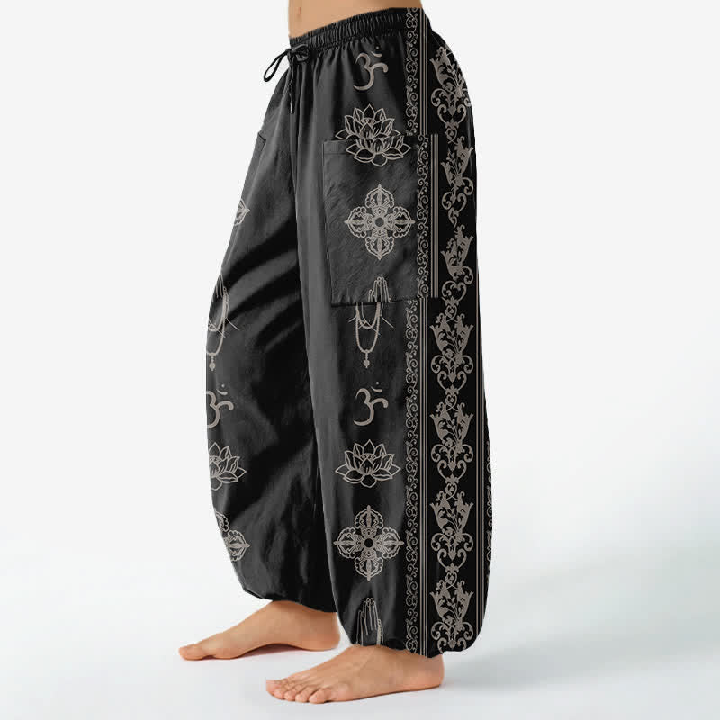 Buddha Stones Bawełniane spodnie haremki damskie z podwójnym wzorem Dorje Vajra Namaste i kwiatami lotosu, z elastyczną talią i bocznymi kieszeniami - image 1