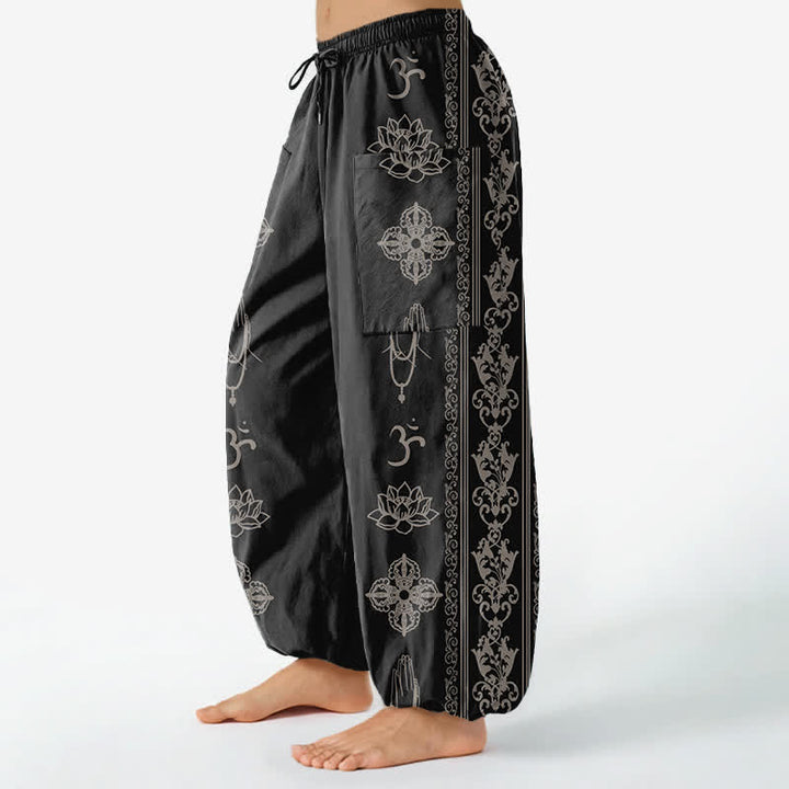 Buddha Stones Bawełniane spodnie haremki damskie z podwójnym wzorem Dorje Vajra Namaste i kwiatami lotosu, z elastyczną talią i bocznymi kieszeniami - image 1