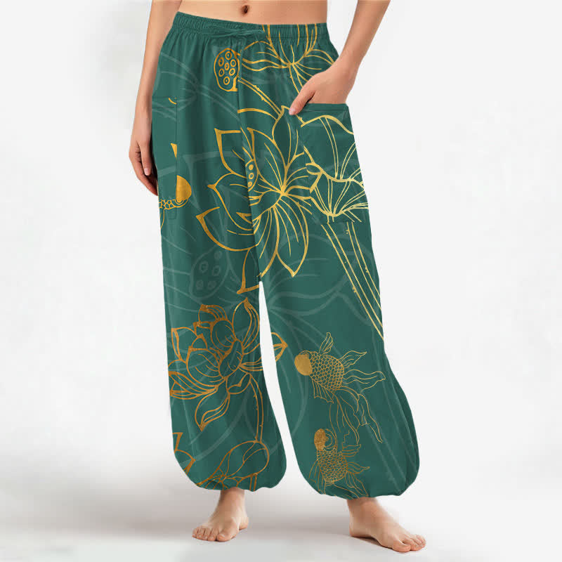 Buddha Stones Spodnie damskie haremowe z elastycznej talii z motywem złotego lotosu i wzorem ryby koi z bocznymi kieszeniami - Cyraneczka - US16, UK/AU20, EU48 (3XL) - image 0