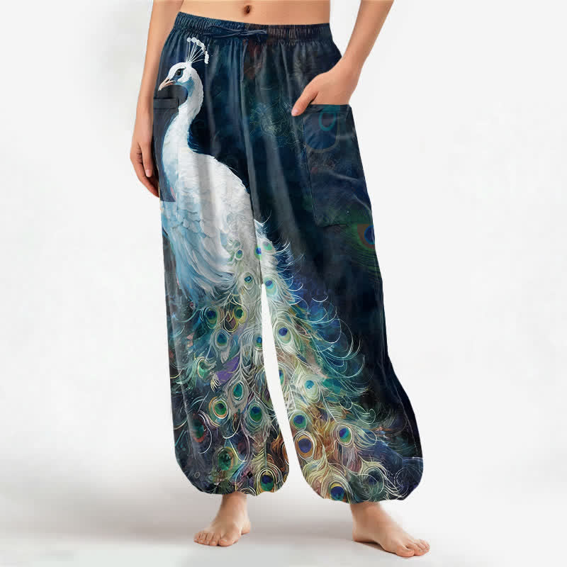 Buddha Stones Spodnie damskie typu harem z elastycznej talii z białym wzorem pawiego pióra i bocznymi kieszeniami - Marynarka wojenna - US16, UK/AU20, EU48 (3XL) - image 0