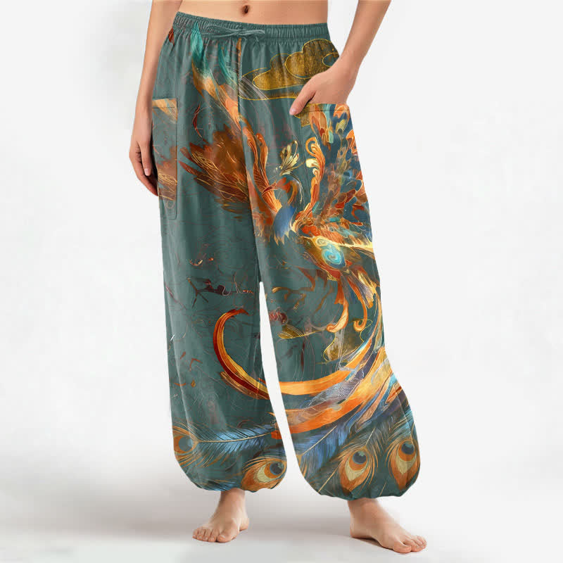 Buddha Stones Bawełniane spodnie damskie typu harem z elastycznym pasem i kieszeniami bocznymi, w stylu boho, z motywem latającego feniksa - CadetBlue - US16, UK/AU20, EU48 (3XL) - image 10