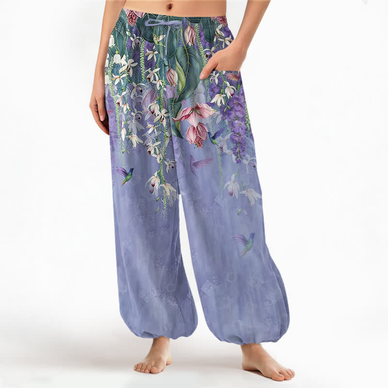 Buddha Stones Spodnie damskie typu harem z bawełny vintage z motywem ptaków Wisteria w kwiaty i elastyczną talią oraz kieszeniami bocznymi - Lawenda - US16, UK/AU20, EU48 (3XL) - image 0