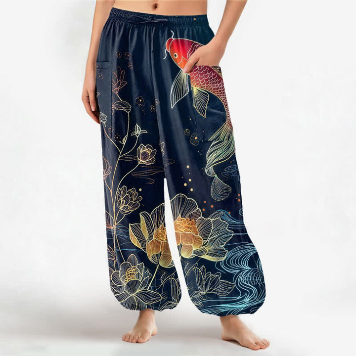 Buddha Stones Spodnie damskie typu harem z elastycznej talii z motywem rybki koi i kwiatów lotosu z bawełny i kieszeniami bocznymi - Marynarka wojenna - US16, UK/AU20, EU48 (3XL) - image 0