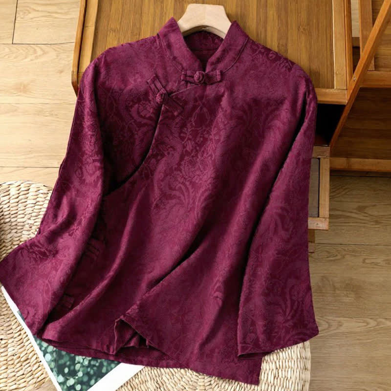 Buddha Stones Eleganckie koszule damskie z długim rękawem w stylu Tang z kołnierzykiem mandaryńskim i kwiatowym wzorem Pankou - Ciemnoczerwony - US6, UK/AU10, EU38 (XL) - image 5
