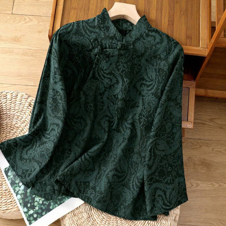Buddha Stones Eleganckie koszule damskie z długim rękawem w stylu Tang z kołnierzykiem mandaryńskim i kwiatowym wzorem Pankou - Ciemnozielony - US6, UK/AU10, EU38 (XL) - image 0