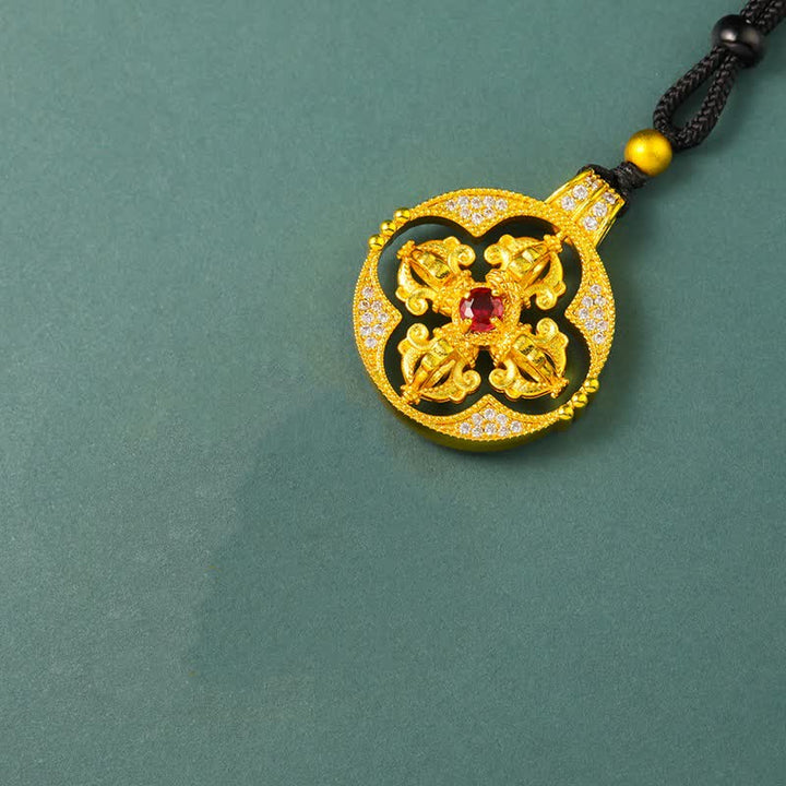 Buddha Stones Naszyjnik z pozłacanego mosiądzu z okrągłym wisiorkiem o mocy duchowej Vajra - Vajra i Czarna Lina - image 5