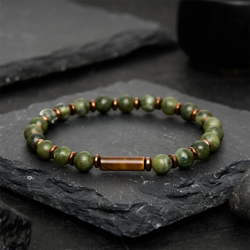 Buddha Stones Bransoletka z okrągłymi koralikami z zielonego agatu mchowego i tygrysiego oka - image 1