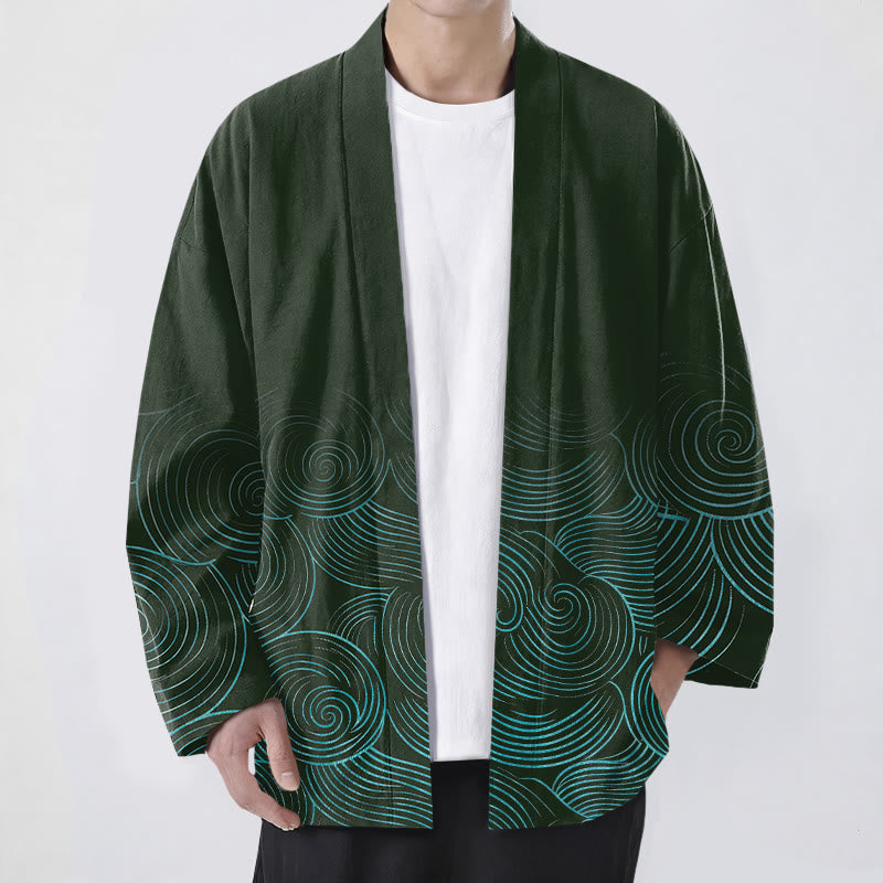 Buddha Stones Męskie kimono z bawełny z wzorem w koła z odkrytym przodem - Ciemnozielony - US/UK/AU48， EU58 (4XL) - image 0