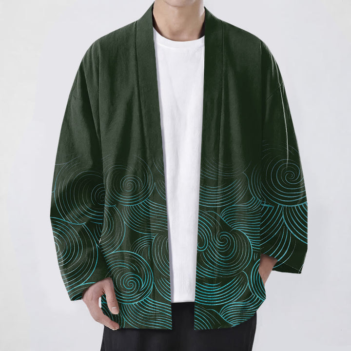 Buddha Stones Męskie kimono z bawełny z wzorem w koła z odkrytym przodem - Ciemnozielony - US/UK/AU48， EU58 (4XL) - image 0