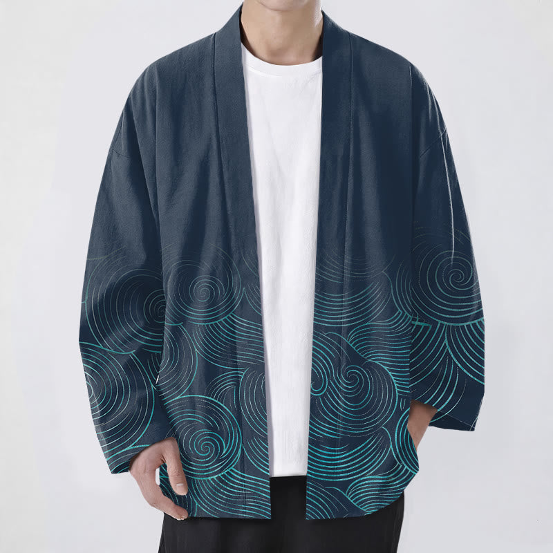 Buddha Stones Męskie kimono z bawełny z wzorem w koła z odkrytym przodem - Marynarka wojenna - US/UK/AU48， EU58 (4XL) - image 6