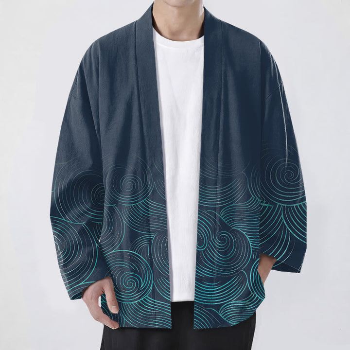 Buddha Stones Męskie kimono z bawełny z wzorem w koła z odkrytym przodem - Marynarka wojenna - US/UK/AU48， EU58 (4XL) - image 6