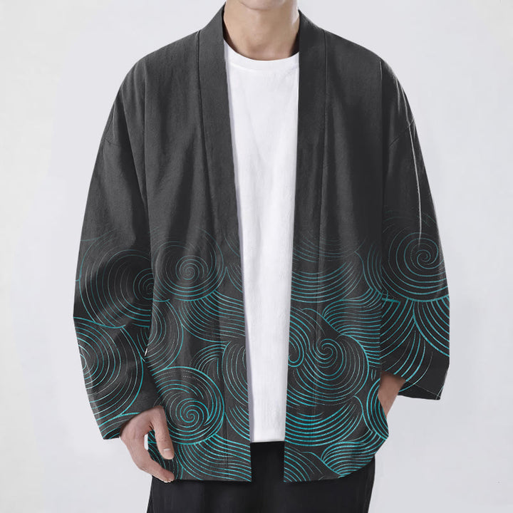 Buddha Stones Męskie kimono z bawełny z wzorem w koła z odkrytym przodem - Czarny - US/UK/AU48， EU58 (4XL) - image 9