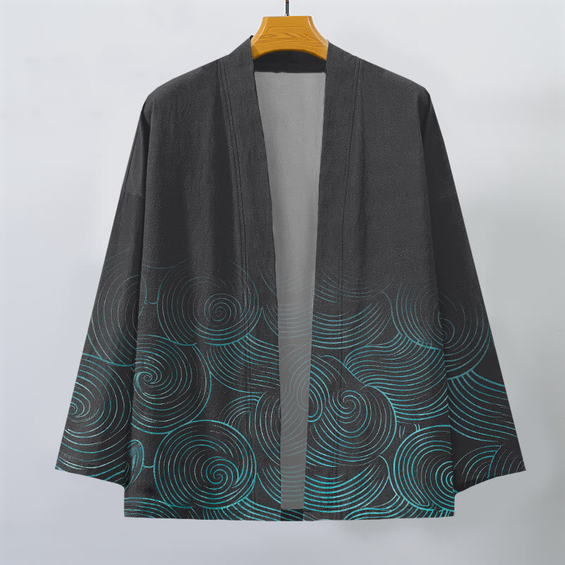 Buddha Stones Męskie kimono z bawełny z wzorem w koła z odkrytym przodem - image 10