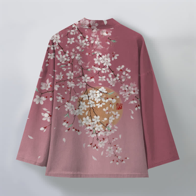 Buddha Stones Bawełniane kimono męskie z białym wzorem w kwiaty wiśni z otwartym przodem - image 2