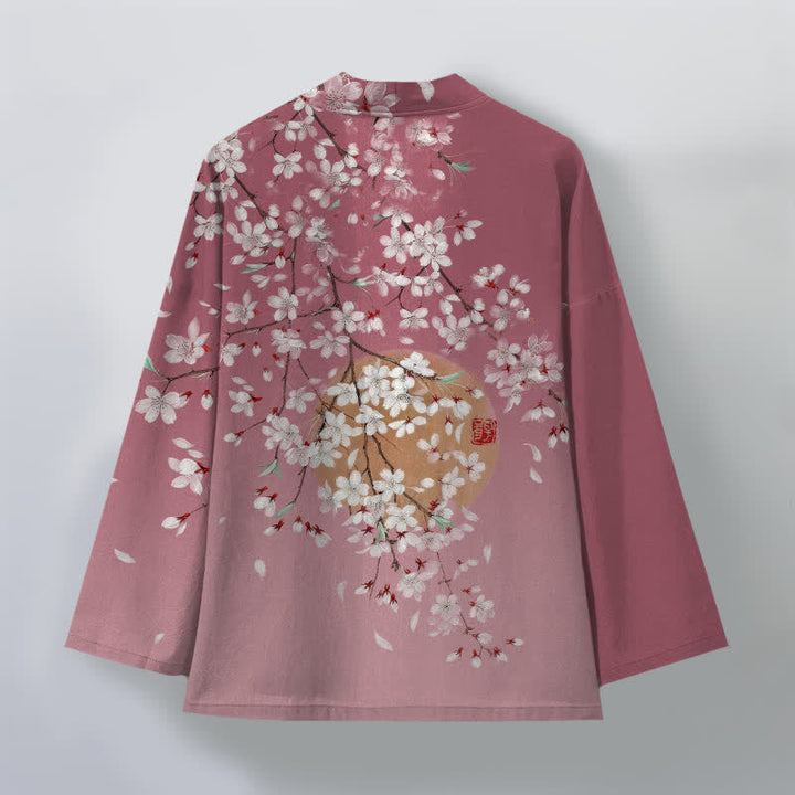 Buddha Stones Bawełniane kimono męskie z białym wzorem w kwiaty wiśni z otwartym przodem - image 2