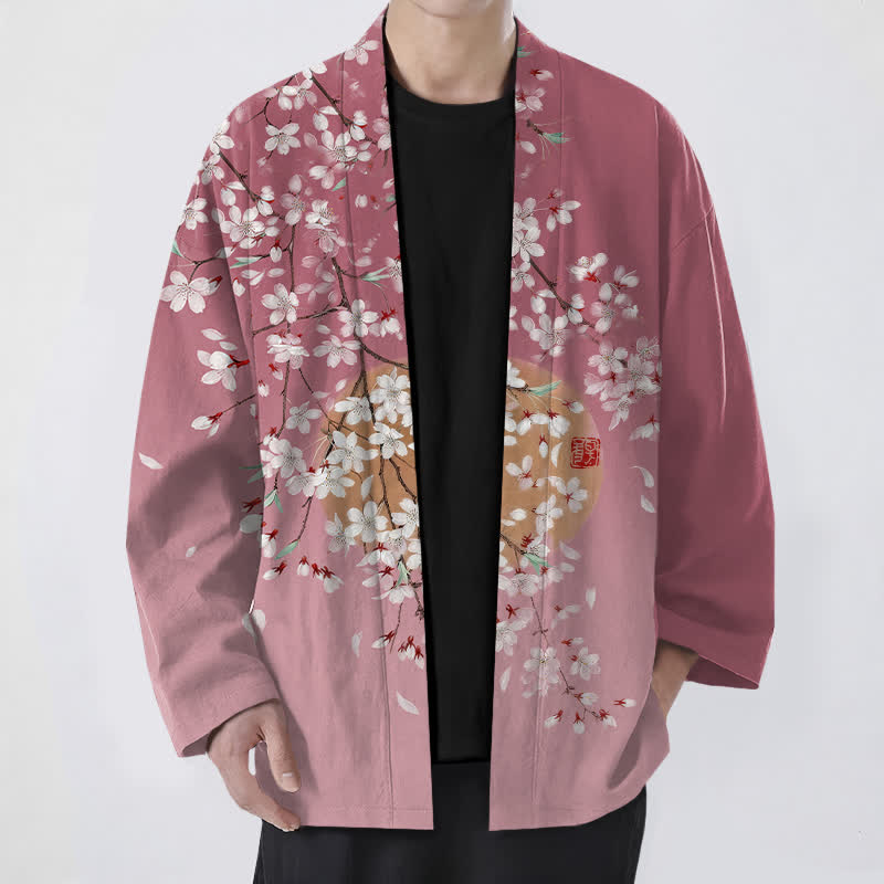 Buddha Stones Bawełniane kimono męskie z białym wzorem w kwiaty wiśni z otwartym przodem - Bladofioletowoczerwony - US/UK/AU48， EU58 (4XL) - image 0