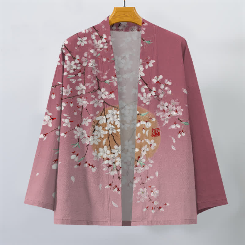 Buddha Stones Bawełniane kimono męskie z białym wzorem w kwiaty wiśni z otwartym przodem - image 1